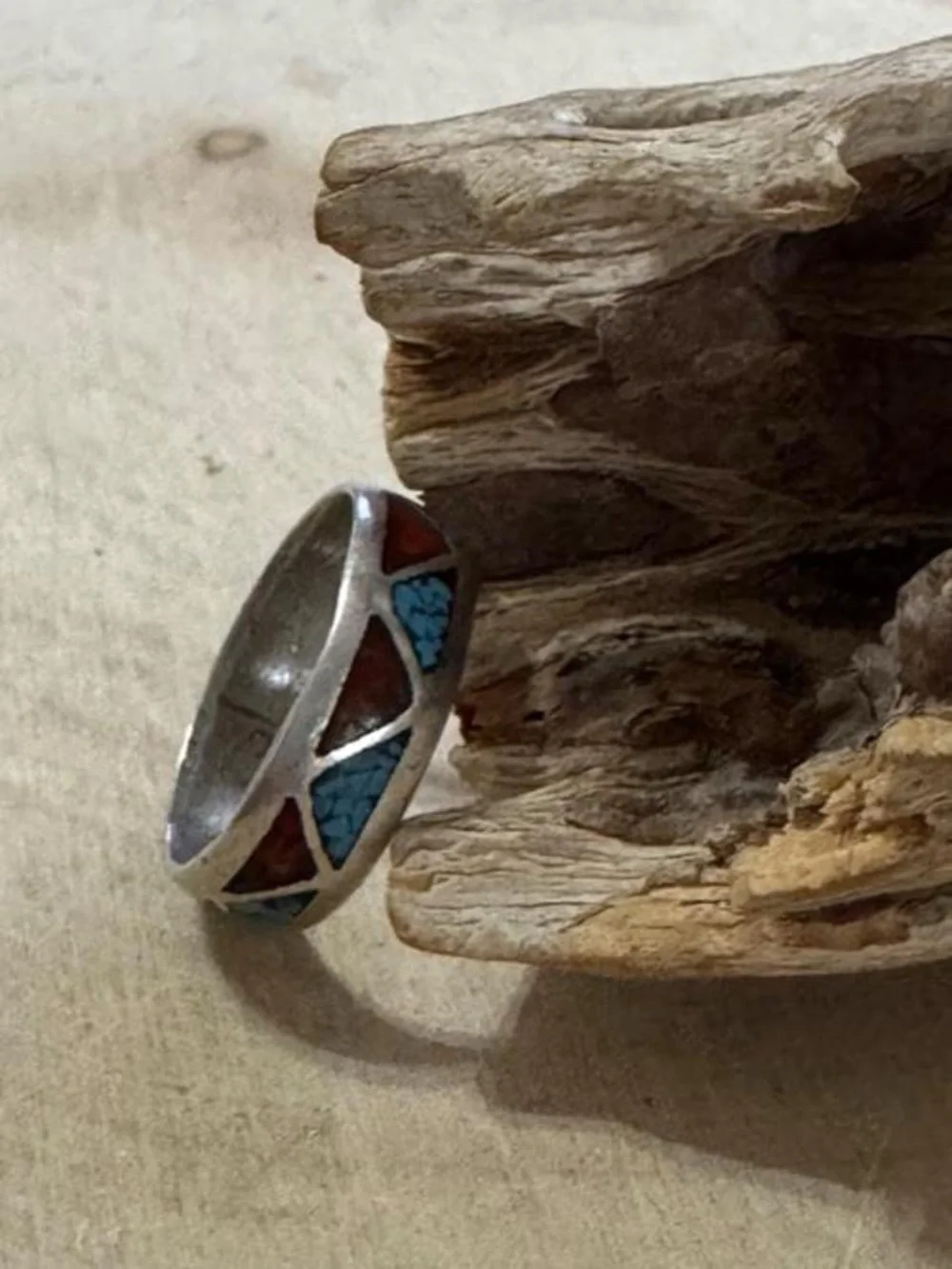Men Women Vintage Navajo Sterling Silver  Inlay Turquoise Red Coral Band Ring